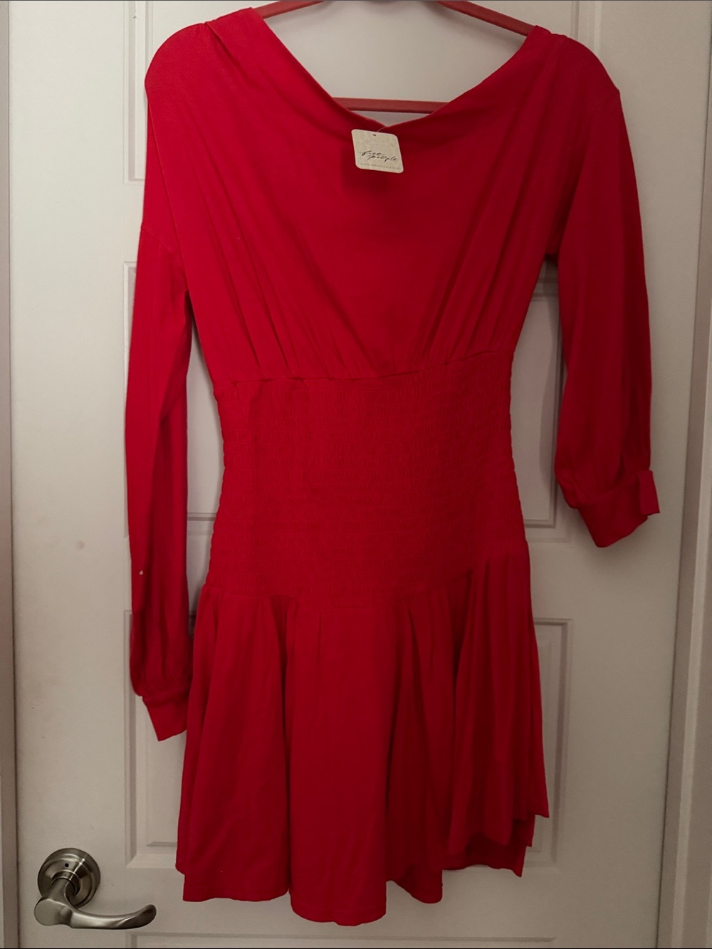 Free People Red Long-Sleeve Smocked-Waist Dress